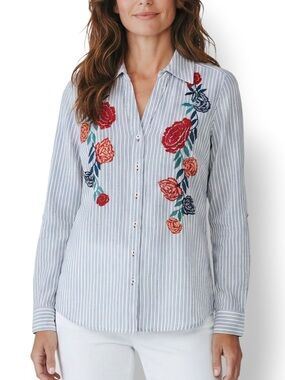 4/$20 Style & Co Embroidered Floral Stripe Button Front Tunic Blouse Small